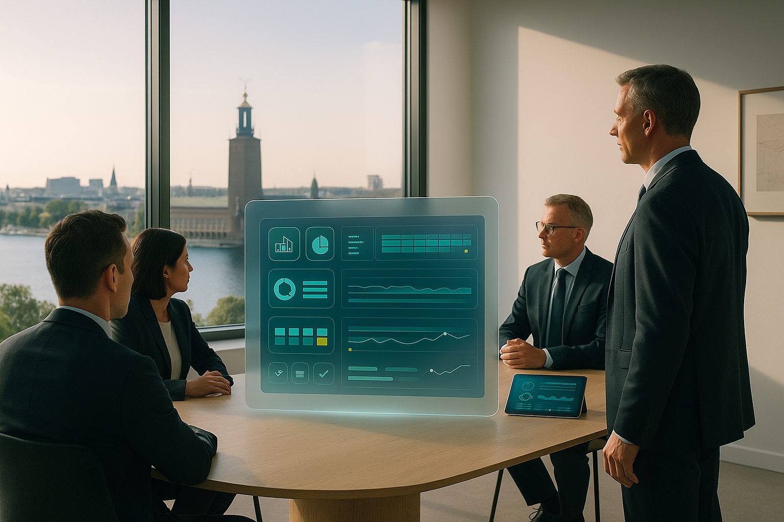 Executives in a boardroom overlooking Stockholm reviewing Tangerine dashboards