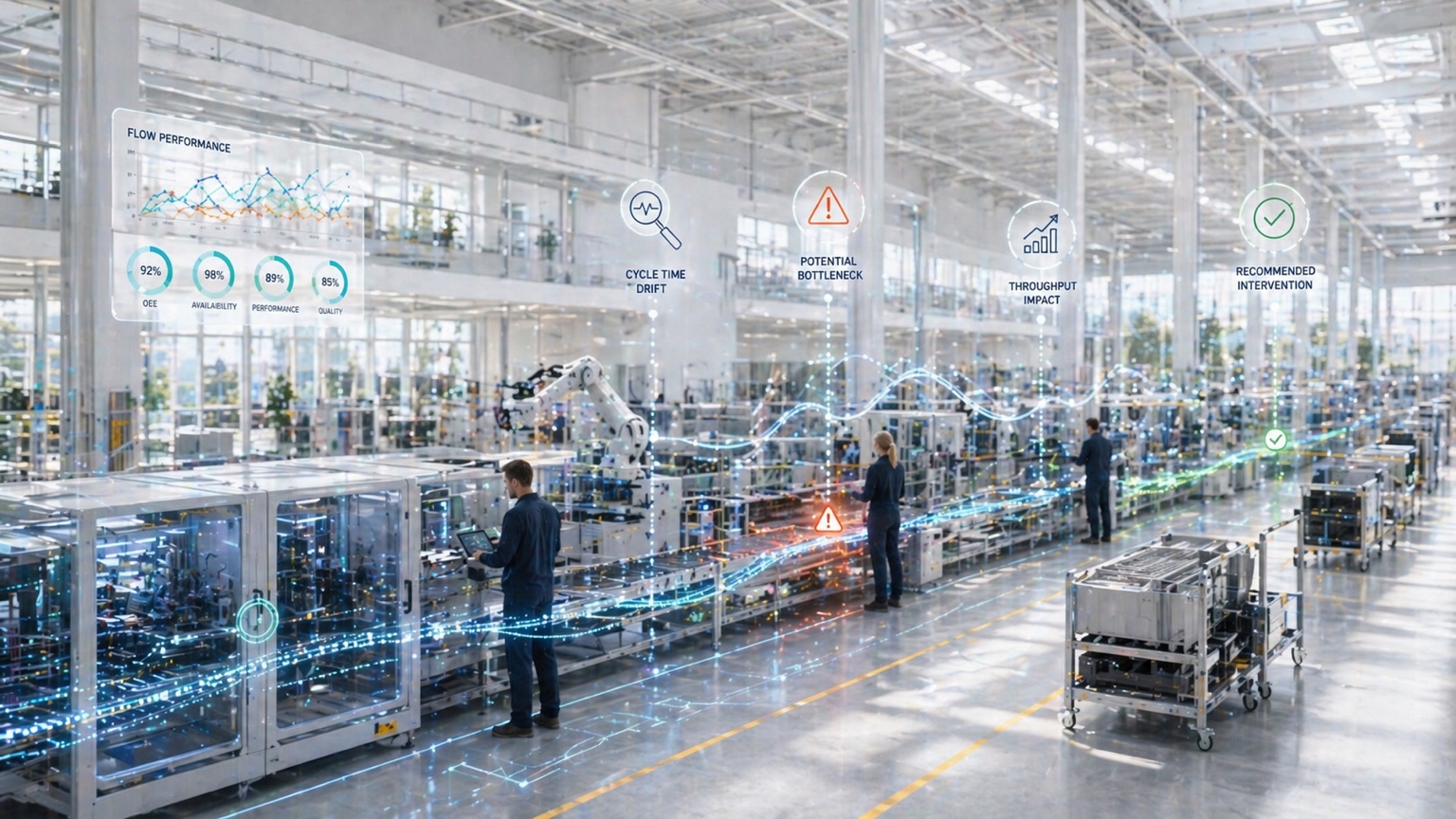 Bright factory line with signal overlays for throughput and bottleneck detection
