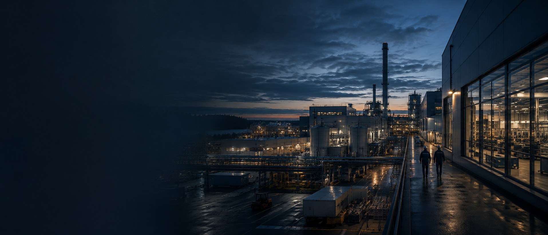 Industrial team working in a dark high-technology environment