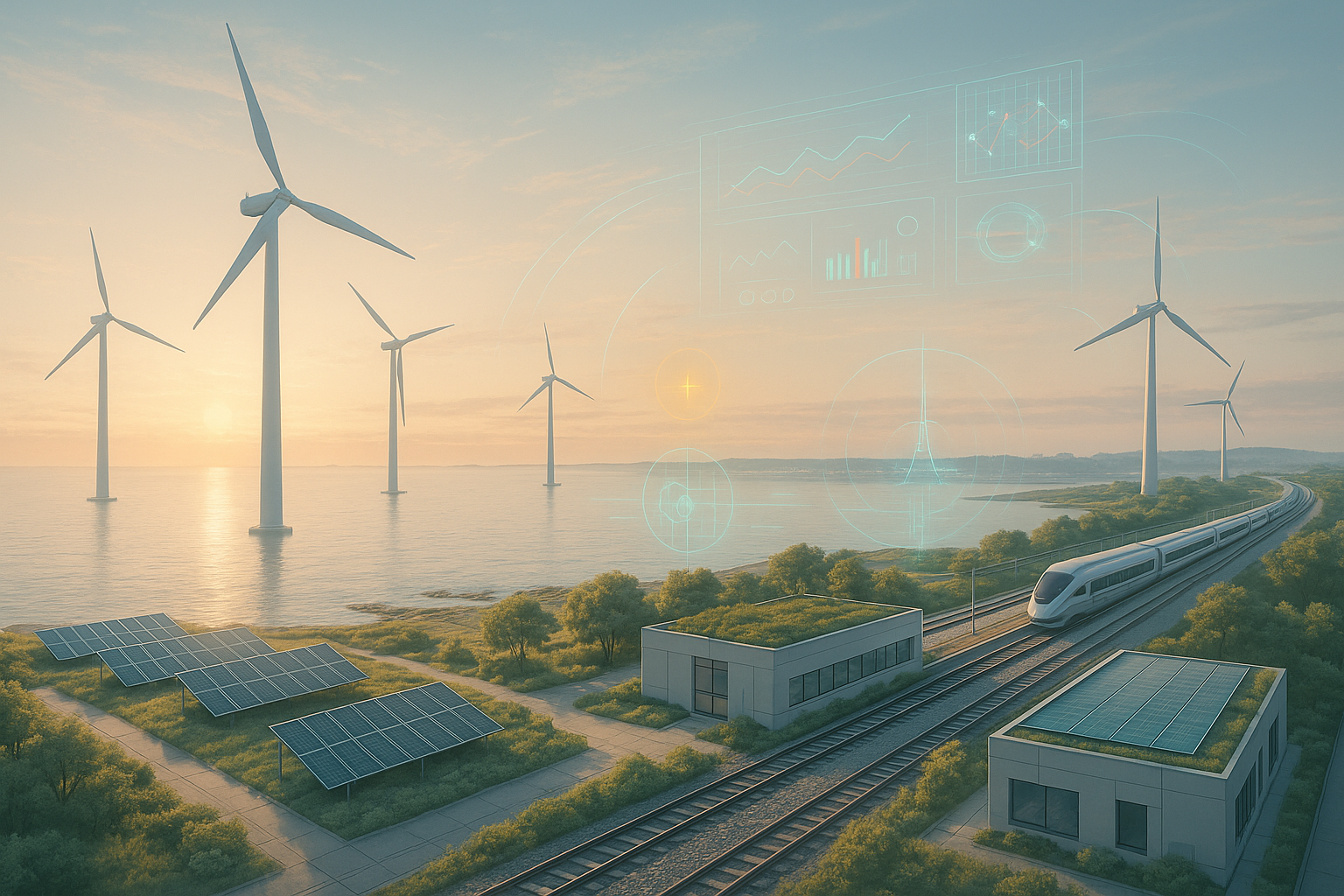 Scandinavian sustainability landscape with holographic data flows