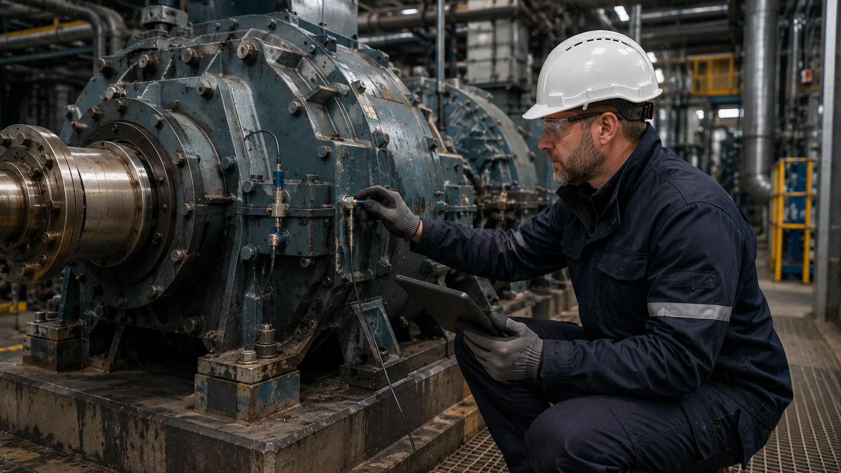 Field service specialist inspecting industrial equipment