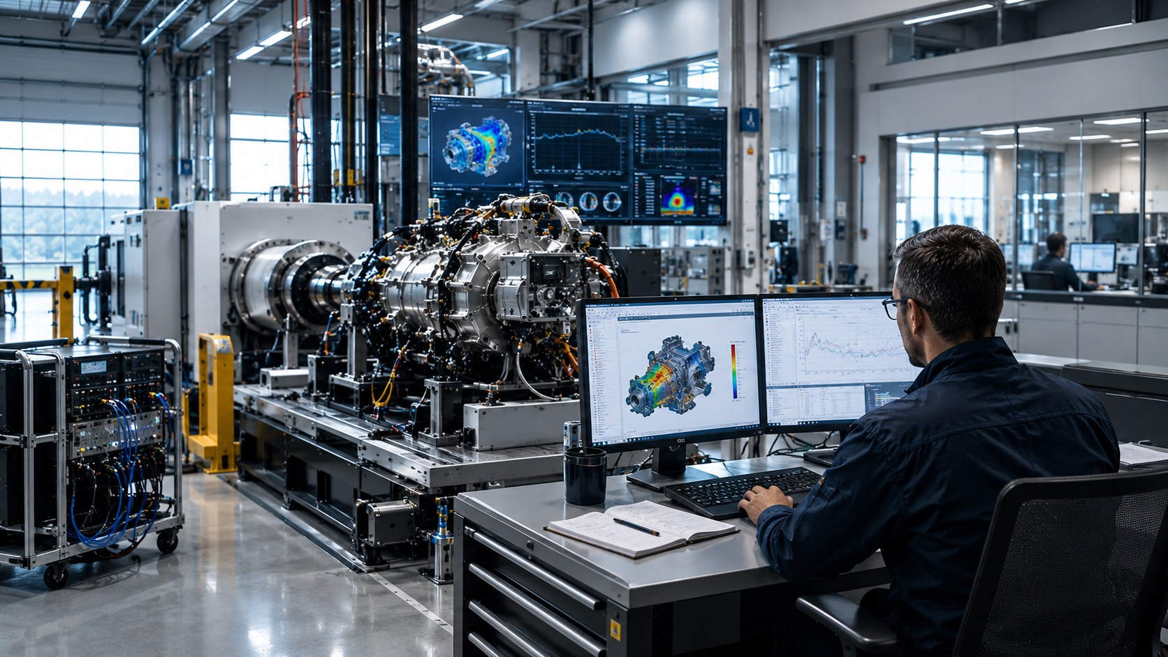 Engineer reviewing physical test evidence and digital engineering information