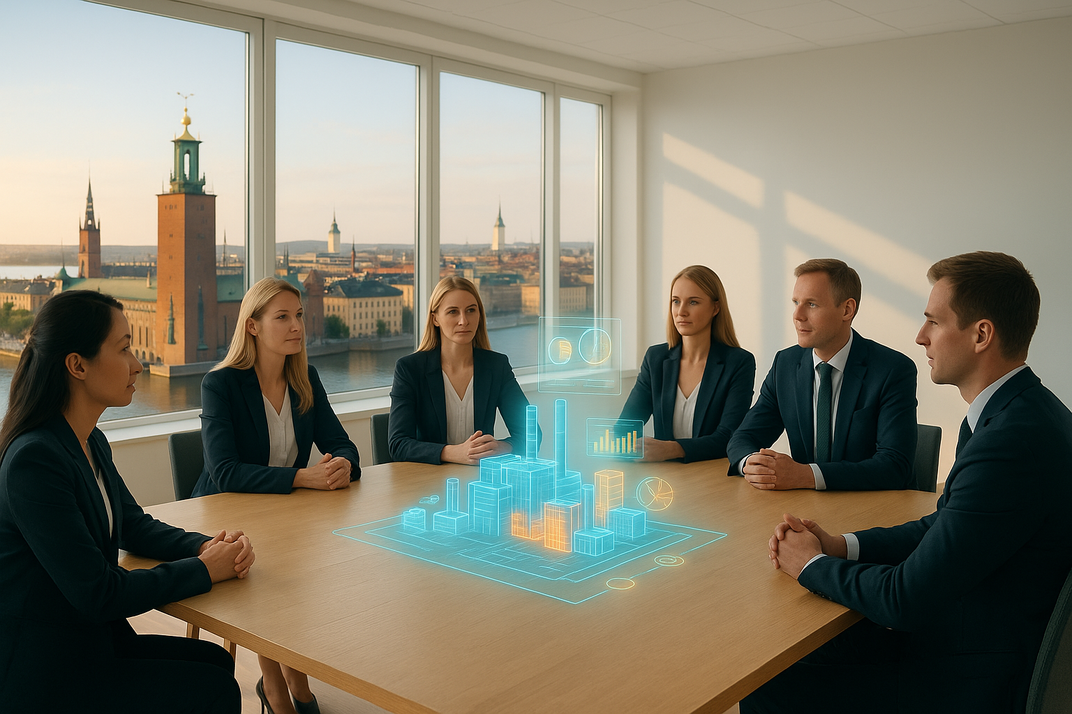 Bright Nordic boardroom with holographic factory ROI dashboard