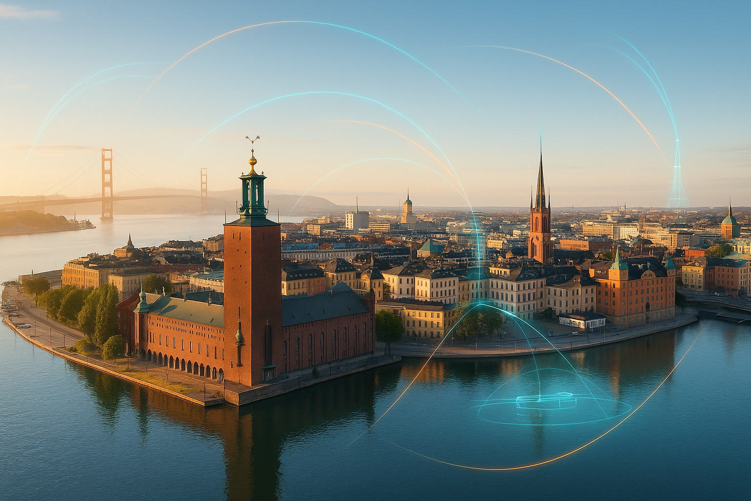 Stockholm-centric panorama with holographic global arcs
