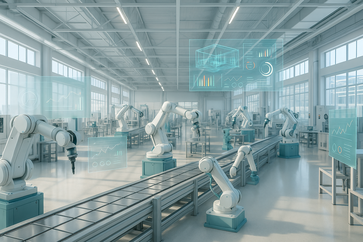Bright Scandinavian smart factory with holographic AI overlays