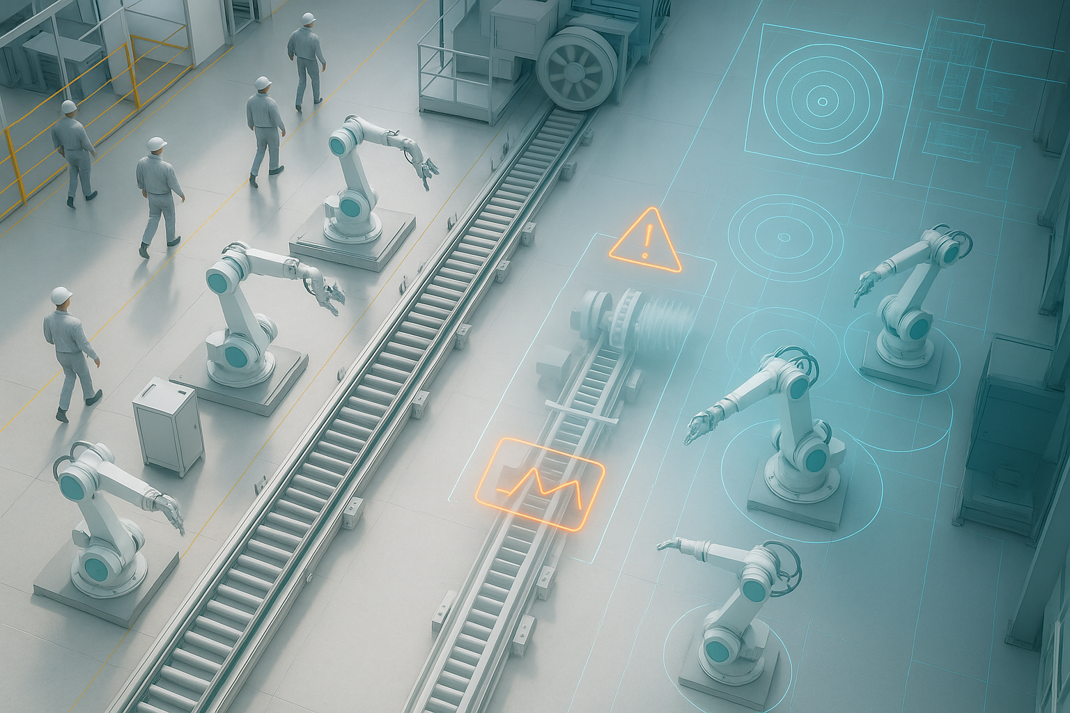 Top-down Scandinavian factory with digital twin overlay