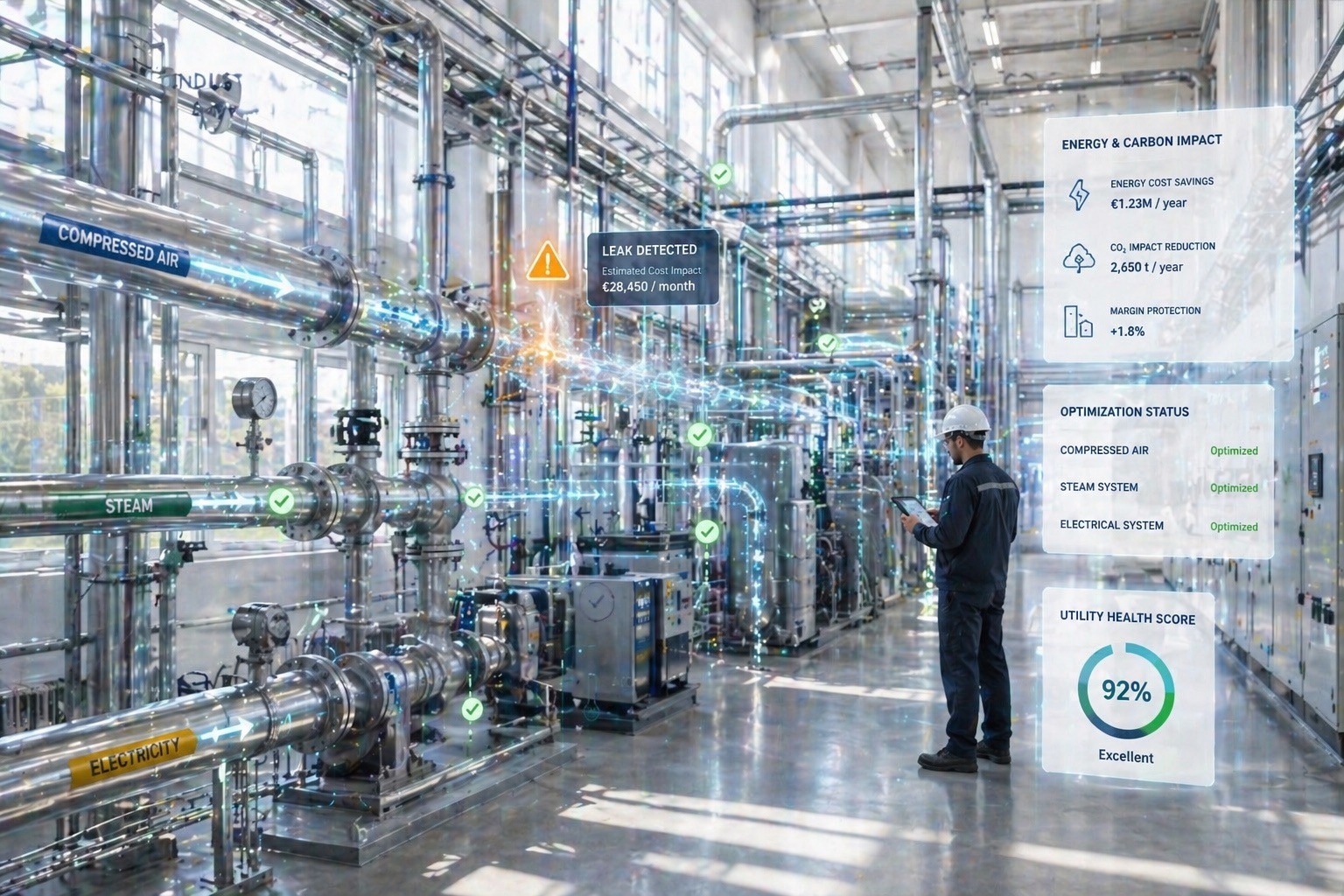 Clean industrial utility corridor with energy and carbon leakage detection overlays