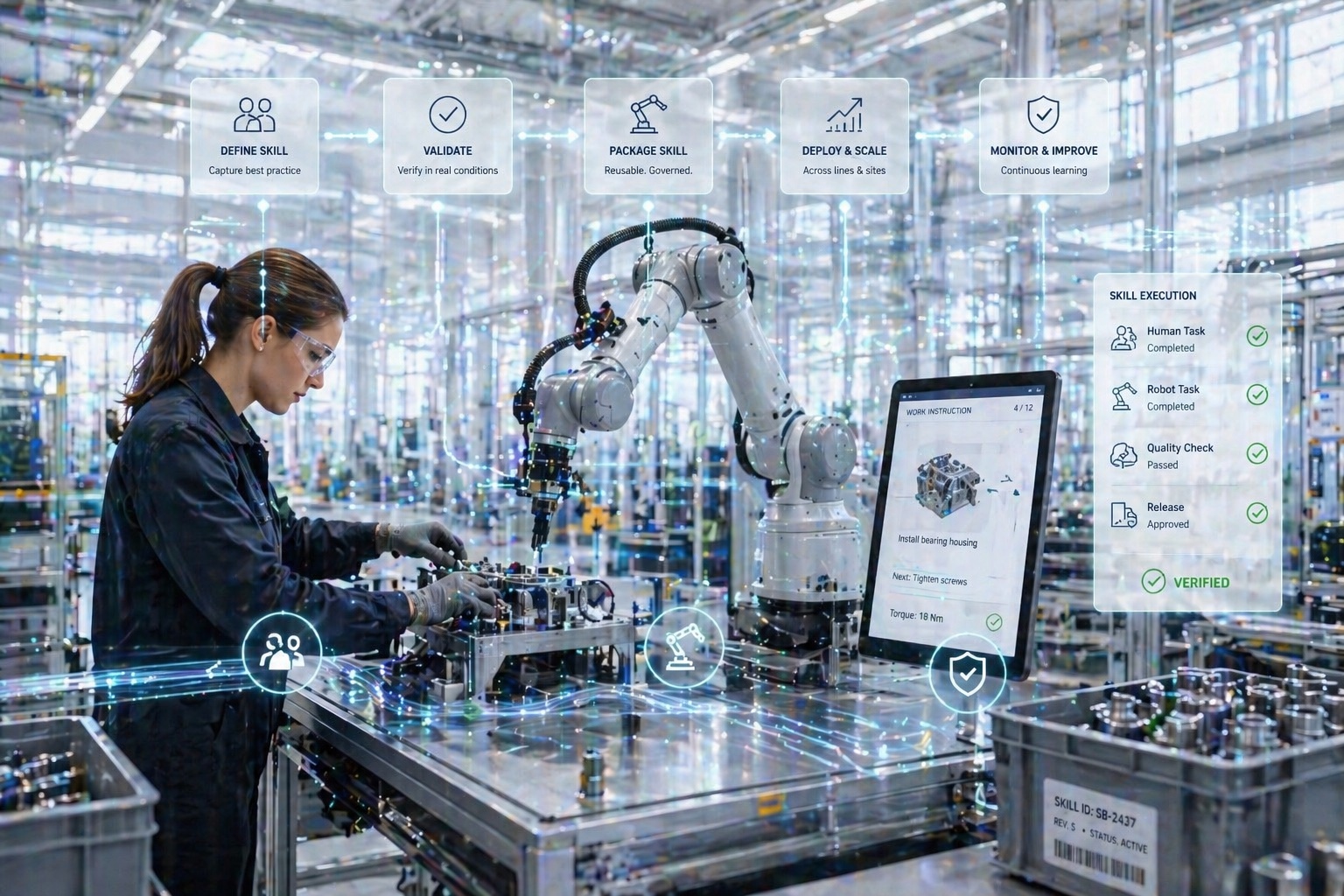 Human operator and robot arm working in a bright assembly cell with skill validation overlays